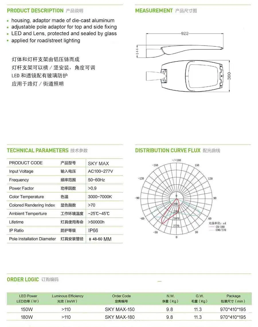 180W LED Cobra Head with Glass and Access Without Tool