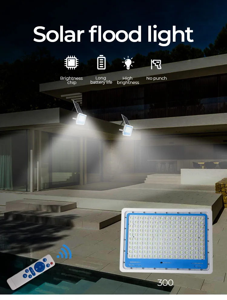 2021 Newest Design LED Flood Light Solar Lights IP66 Waterproof 300W Lawn Camping