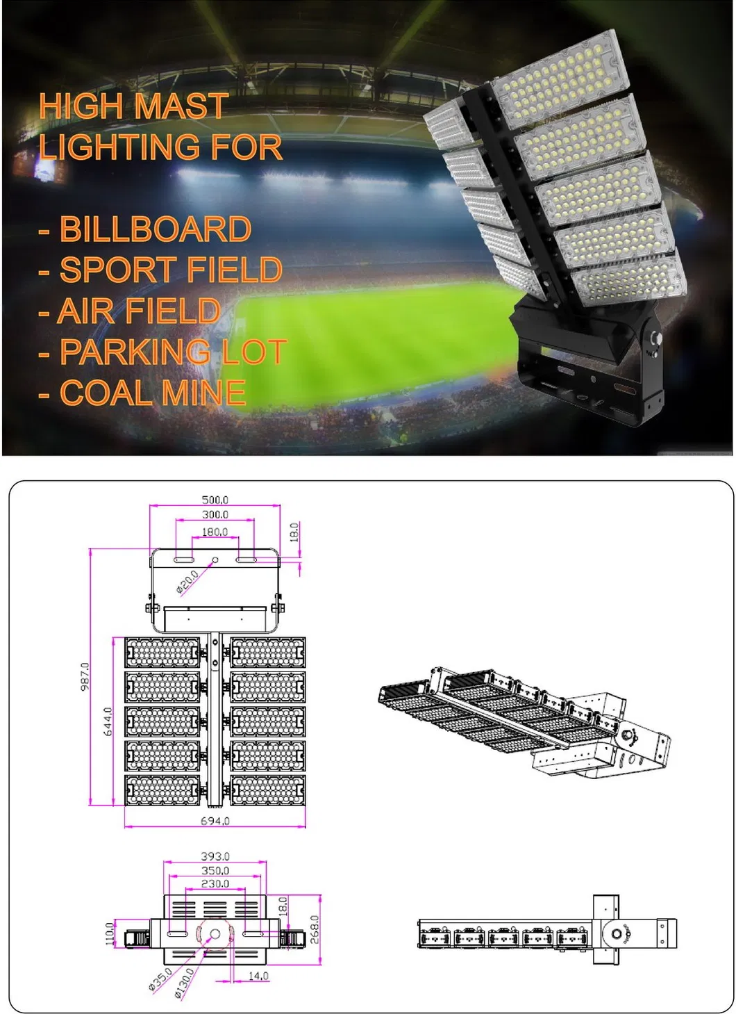 Aluminum Profile LED High Power Flood Light for Commercial Area Parking Lot Tennis Court with Bird Control