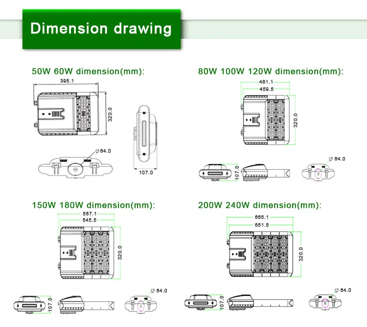 Battery Powered 60W 150lm/W AC90-305V LED Street Light