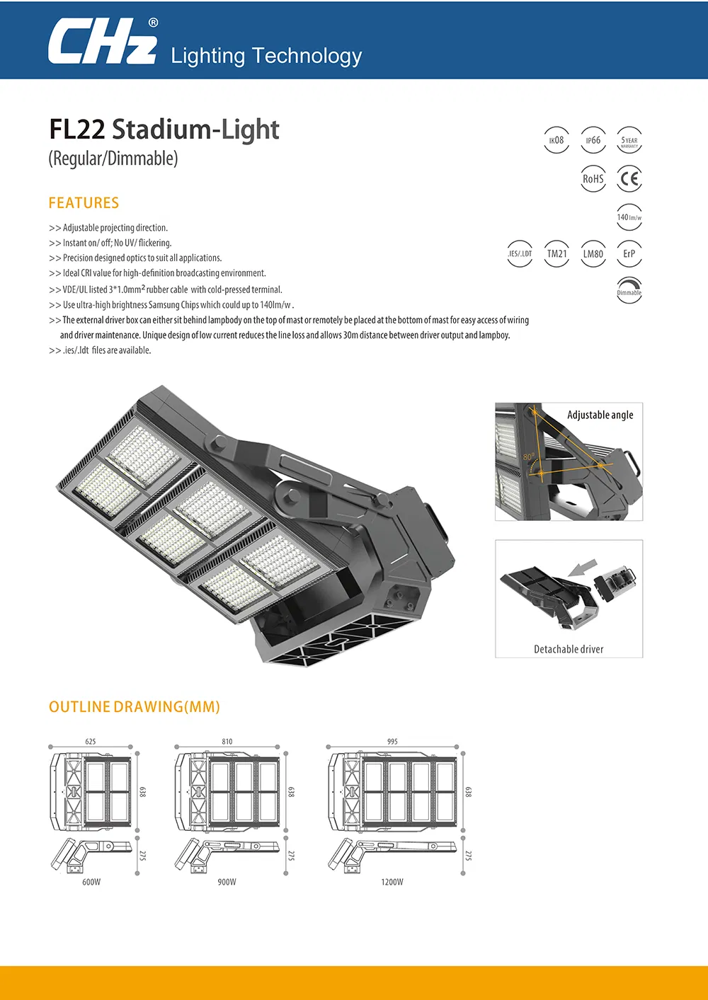 Chz-Lighting High Mast LED Spotlight Waterproof IP66 Outdoor LED Flood Light