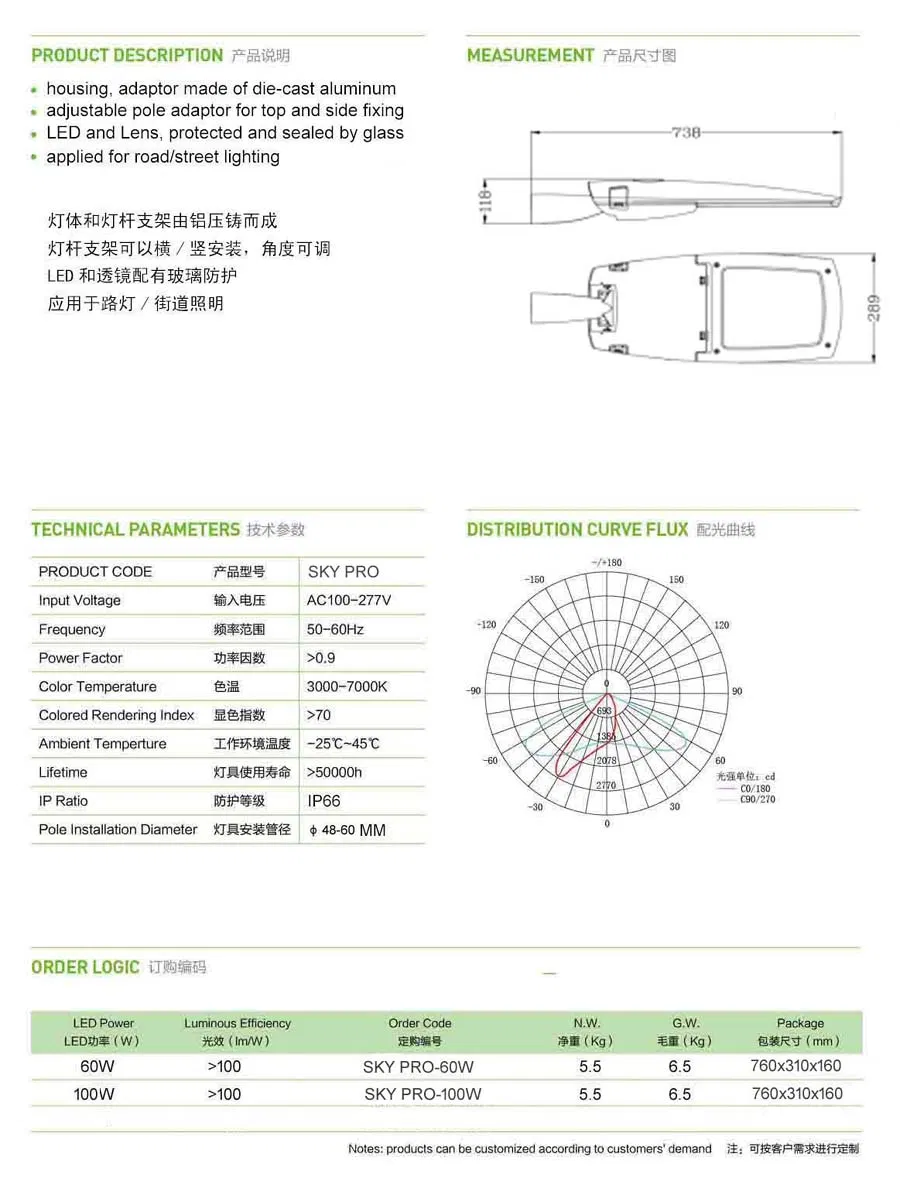 European Style LED Street Light 60W to 100W 5 Years Warranty