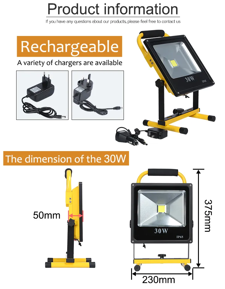 Good Quality Customize Portable Aluminium IP65 Outdoor 10watt 20watt 30watt Rechargeable LED Flood Light