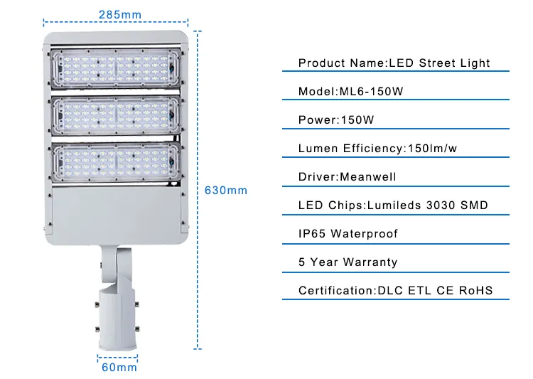 High Brightness Aluminum 150W LED Street Light Outdoor Waterproof IP65